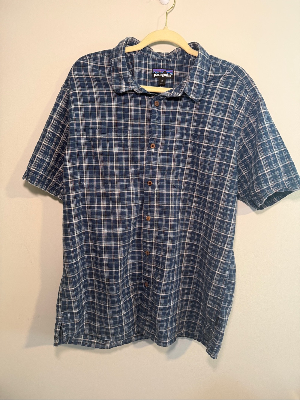 Patagonia Back Step Shirt Blue Plaid Hemp Organic Cotton Short Sleeve Men's XL